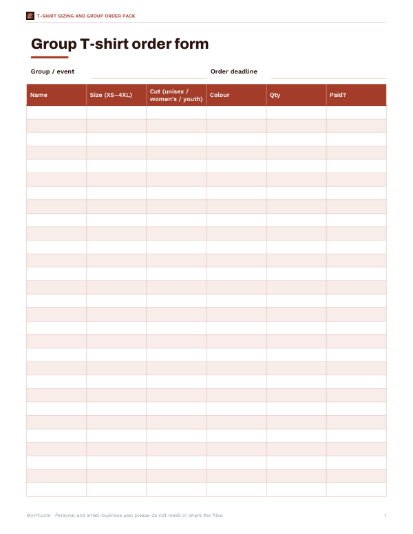 Preview of Printable T-Shirt Group Order Form