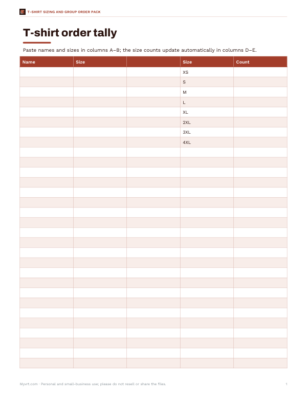 Preview of Printable T-Shirt Order Tally Sheet