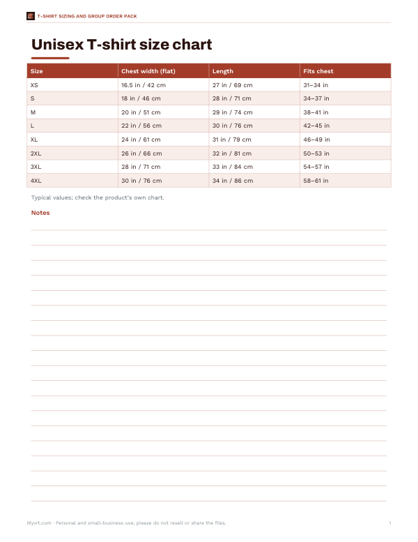 Preview of Printable Unisex T-Shirt Size Chart